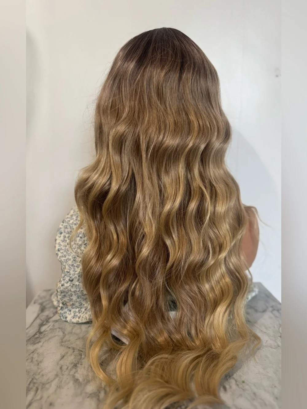 Long Wavy Ombre Wig with Bangs Brown to Honey Blonde Balayage Heat Friendly